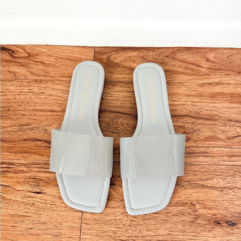 Stuart Weitzman Gray Leather Square Toe Slide Sandals 8.5